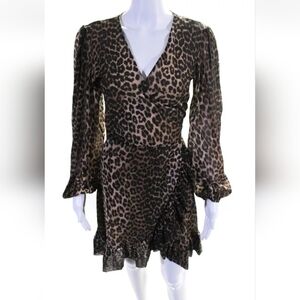 Ganni Womens Leopard Print Bishop Long Sleeve Ruffle Wrap Dress Brown Size EUR38